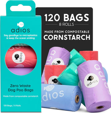 Adios - Compostable Dog Poop Bags, 120 Count (8 Rolls) - Rainbow Colours - Extra Thick, Leakproof, Odour Proof Dog Waste Bags - Made From Compostable Cornstarch - Easy Tear Rolls