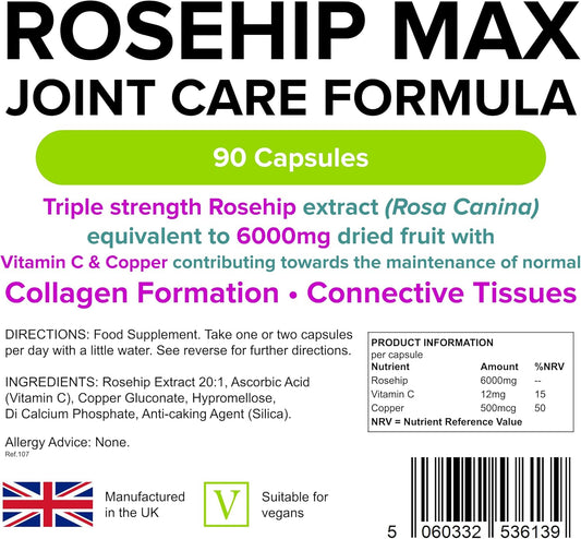 Lindens - Rosehip Max Joint Care Formula, 90 Capsules - Uk Made - Joint Care, Collagen Formation & Connective Tissues - Nervous & Immune System Function - Letterbox Friendly, Vegan