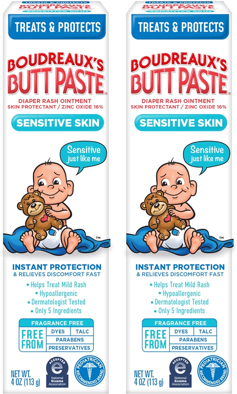 Boudreaux's Butt Paste for Sensitive Skin Diaper Rash Cream, Ointment for Baby, 4 oz Tube, 2 Pack