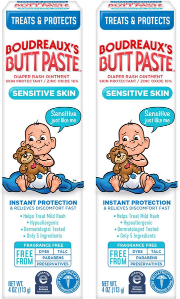 Boudreaux's Butt Paste for Sensitive Skin Diaper Rash Cream, Ointment for Baby, 4 oz Tube, 2 Pack