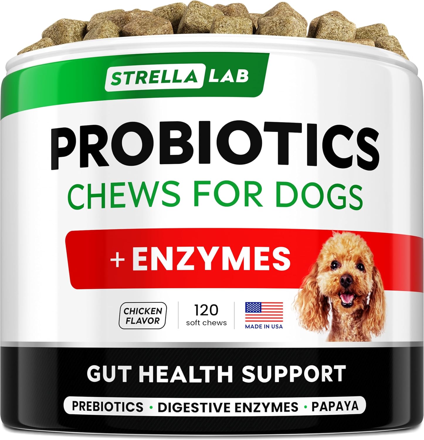 Strellalab Pet Probiotics For Dogs & Digestive Enzymes + Digestion & Gut Health Treats, Dog Probiotics Chews, Fiber Supplement, Anti Diarrhea, Constipation, Upset Stomach&Gas Relief, Canine Prebiotic