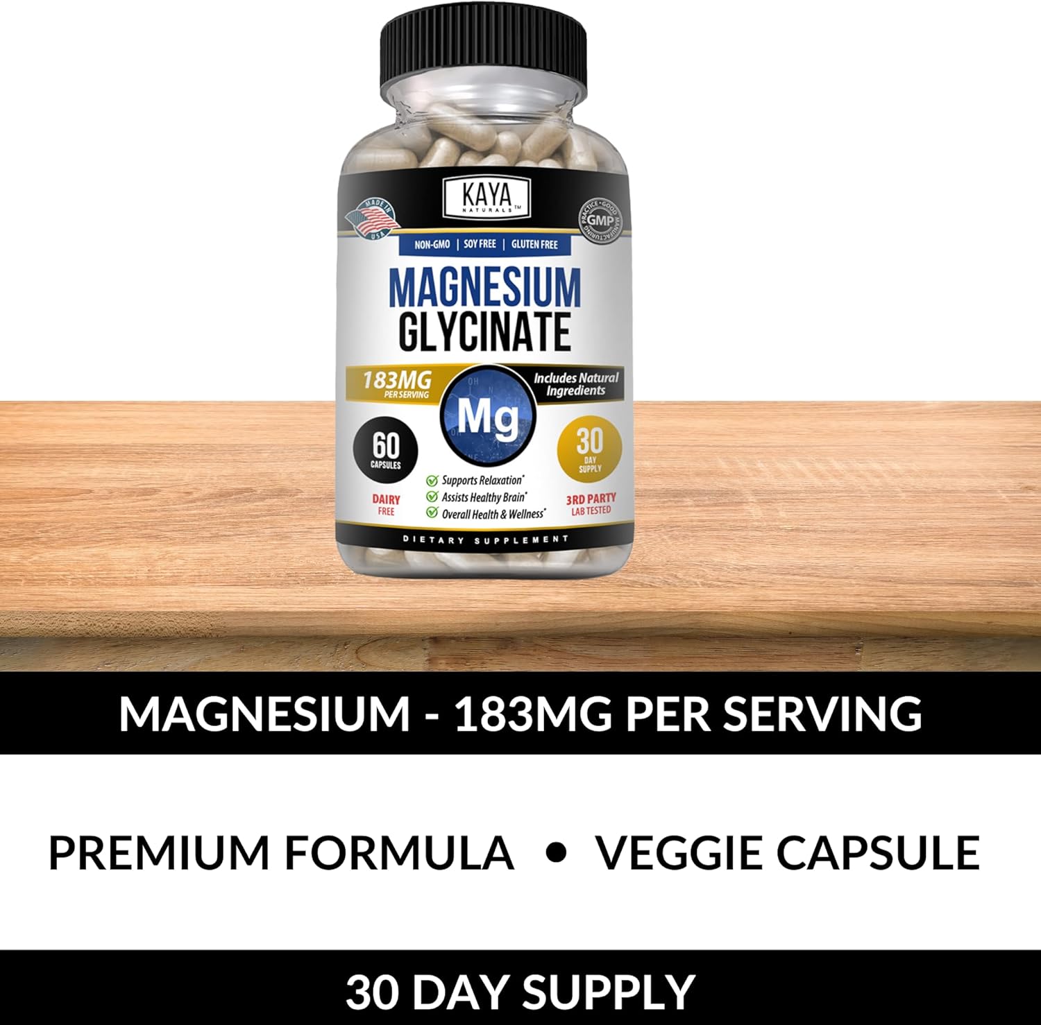 Magnesium Glycinate 183mg per Caps, Chelated for Maximum Absorption, Non-GMO, NO Gluten Dairy & Soy, Supports Muscle, Joint, and Heart Health - 60 Veggie Caps : Health & Household