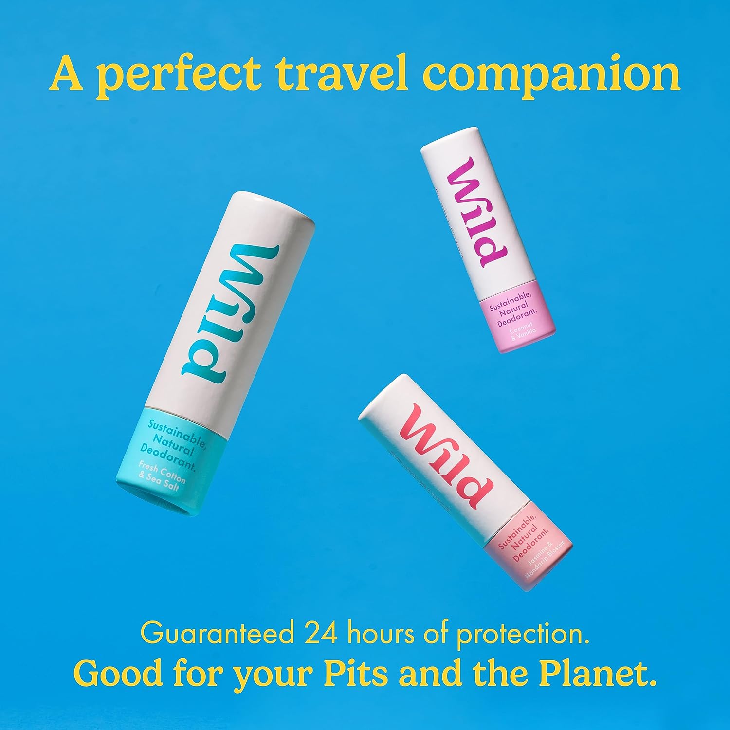 Wild - Pack Of 3 Mini Deodorants - Natural Ingredients & Aluminium Free - Long Lasting Protection - Great For Holiday & Travel - Plastic Free - Vegan & Eco-Friendly - Trial Size