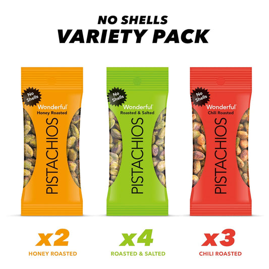 Wonderful Pistachios No Shells, 3 Flavors Mixed Variety Pack Of 9 (0.75 Ounce), Roasted & Salted Nuts (4), Chili Roasted (3), Honey Roasted (2), Protein Snacks, On-The-Go, Individually Wrapped Healthy Snacks