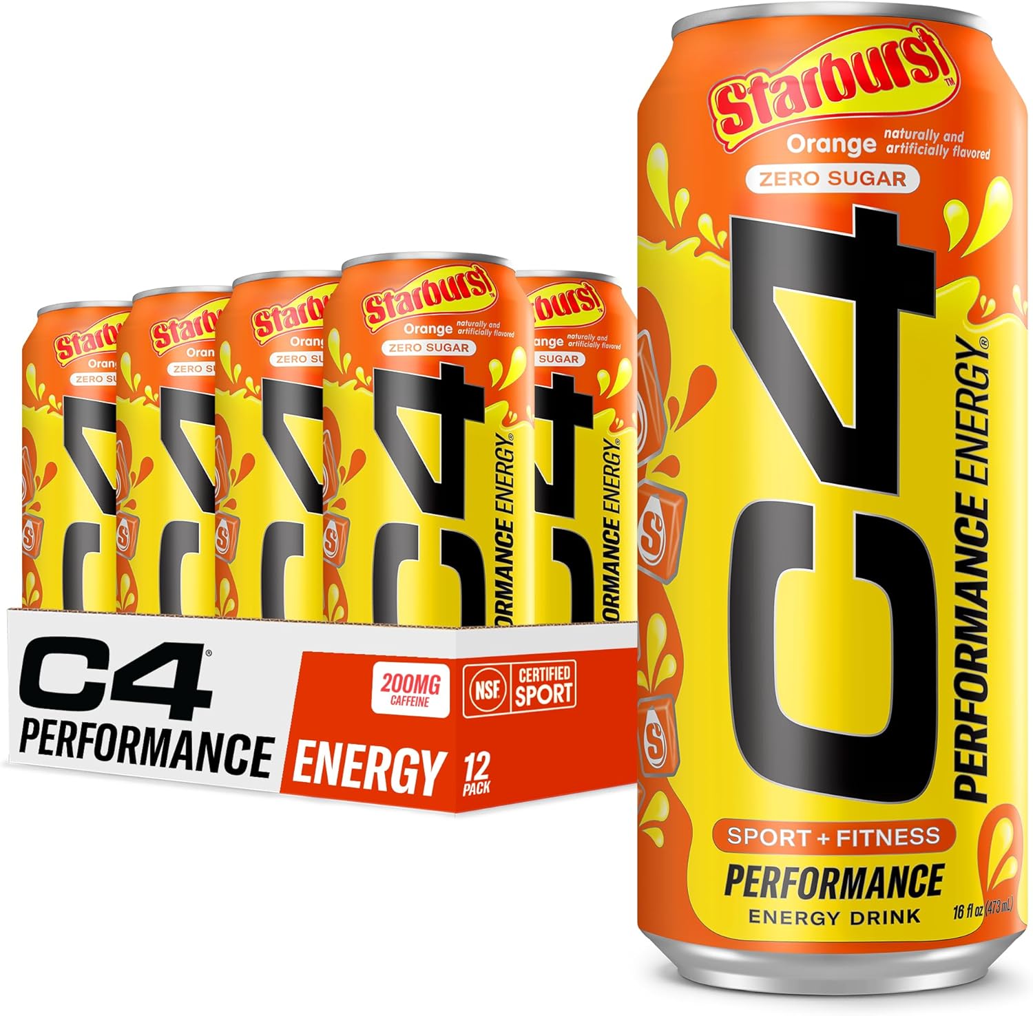 C4 Performance Energy Drink | Starbust™ Orange | Zero Sugar Carbonated Preworkout Energy | 200Mg Caffeine With Beta Alanine | 16 Fl Oz (12 Pack)