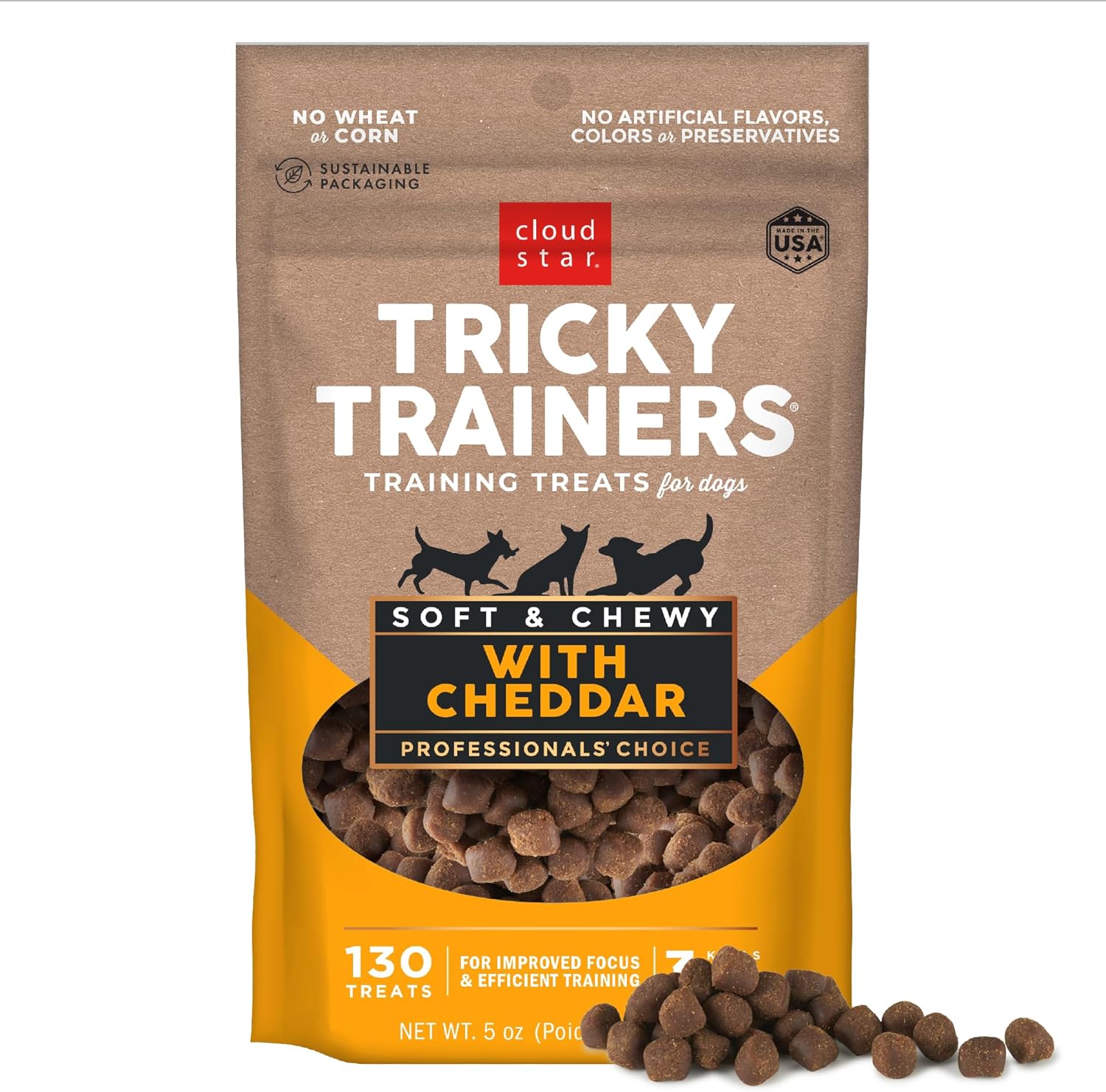 Cloud Star Tricky Trainers Soft & Chewy Dog Training Treats 5 Oz Pouch, Cheddar Flavor, Low Calorie Behavior Aid With 130 Treats
