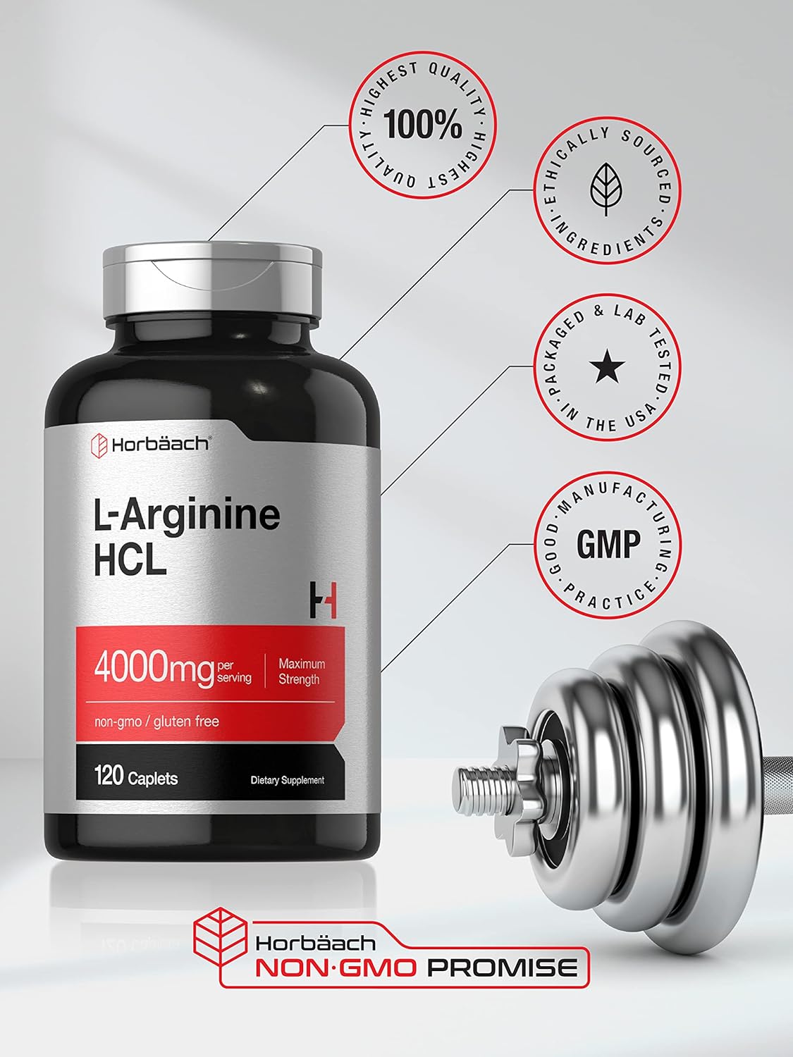 Horbäach L-Arginine 4000mg | 120 Caplets | Maximum Strength Nitric Oxide Precursor | Vegetarian, Non-GMO, Gluten Free Supplement : Health & Household