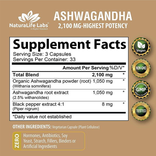 Organic Ashwagandha 2,100 Mg - 100 Vegan Capsules Pure Organic Ashwagandha Powder And Root Extract - Stress Relief, Mood Enhancer