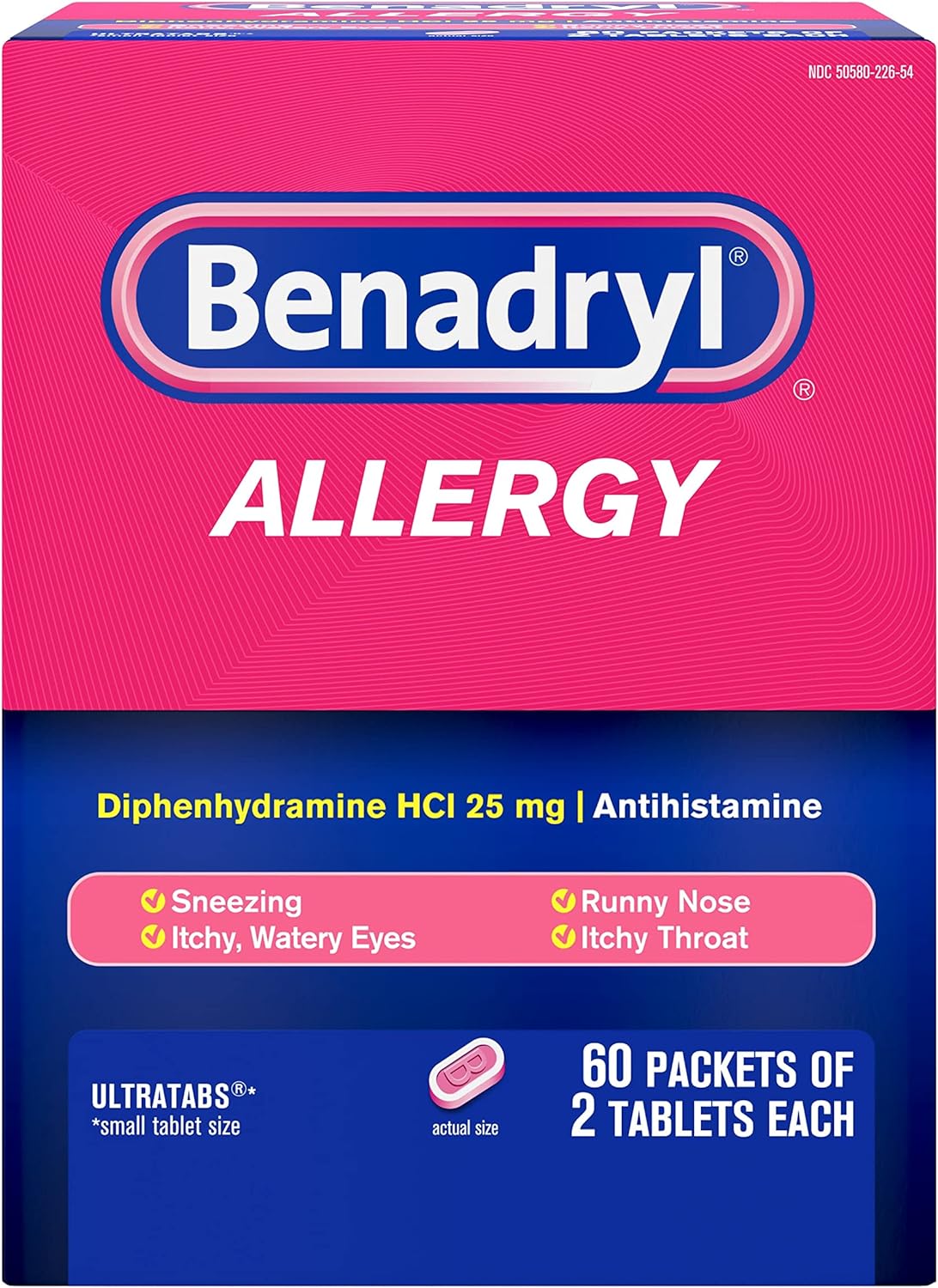 Benadryl Ultratabs Go Packs, Antihistamine Allergy Medicine Tablets With Diphenhydramine Hcl, Convenient For Travel & On-The-Go Cold & Allergy Relief, 60 Packets Of 2 Tablets