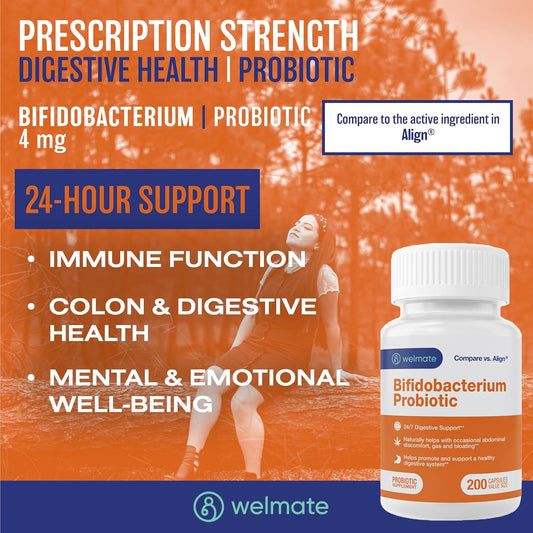 Welmate Bifidobacterium | Probiotic Supplement | Supports Gut Health | Immune Support | Digestive Enzymes | Gluten Free | Vegan | Men & Womens Probiotic | Value Size | 200 Count