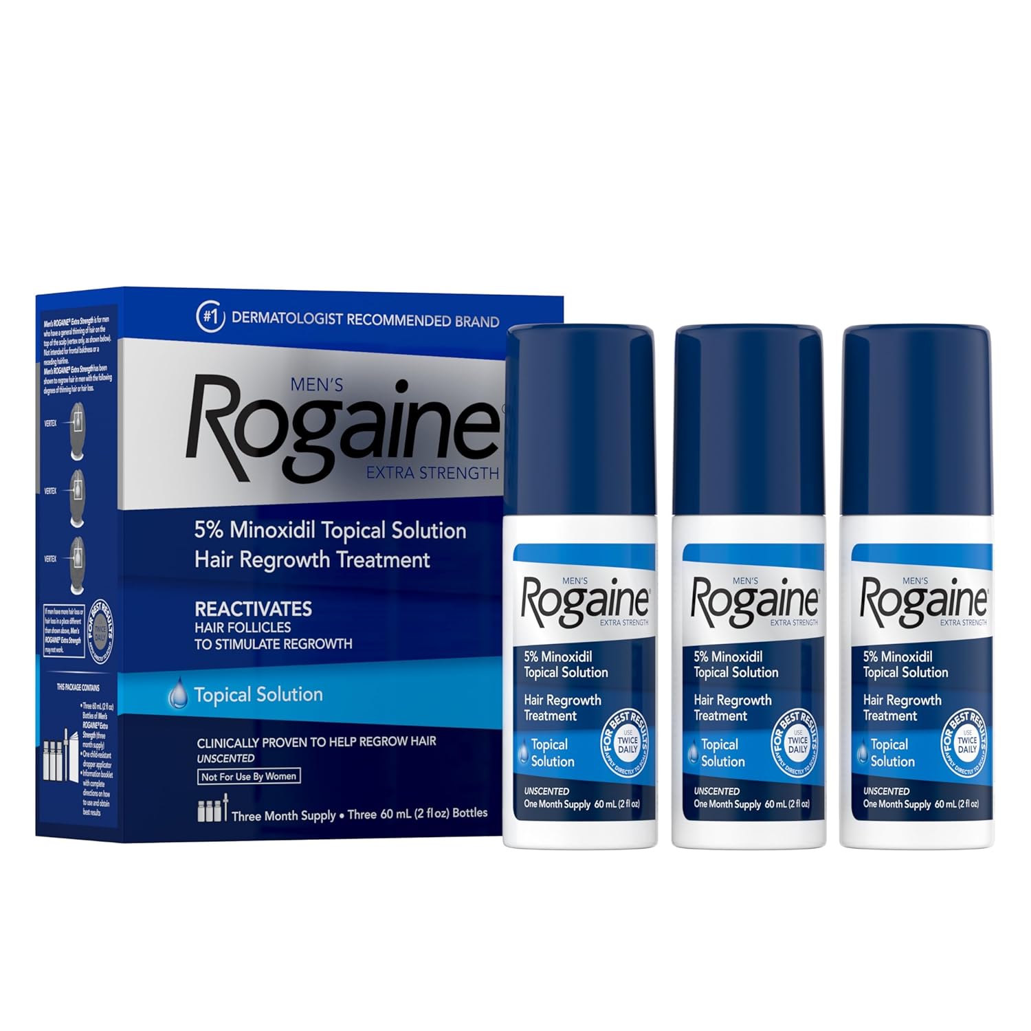 Men'S Rogaine Extra Strength 5% Minoxidil Topical Solution For Thin Hair, Hair Loss Treatment To Regrow Fuller, Thicker Hair, 3-Month Supply, 3 X 2 Fl. Oz