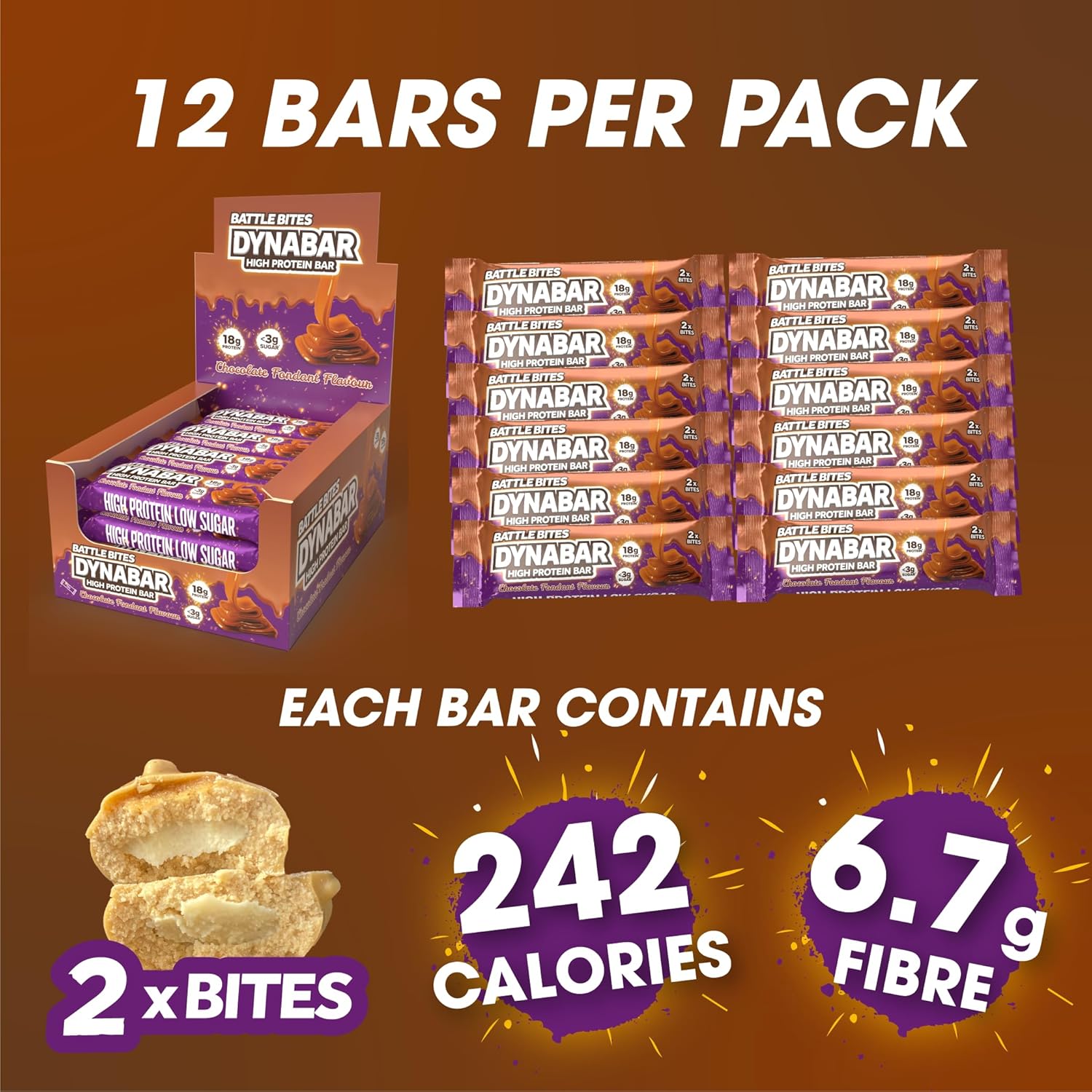 Battle Bites Dynabar High Protein Bars 12 x 60g - Chocolate Fondant Flavour - Low in Sugar, Free from Preservatives, Non-GMO, Suitable for Vegetarians - 18g protein + 242 calories per bar - Made in UK : Amazon.co.uk: Health & Personal Care