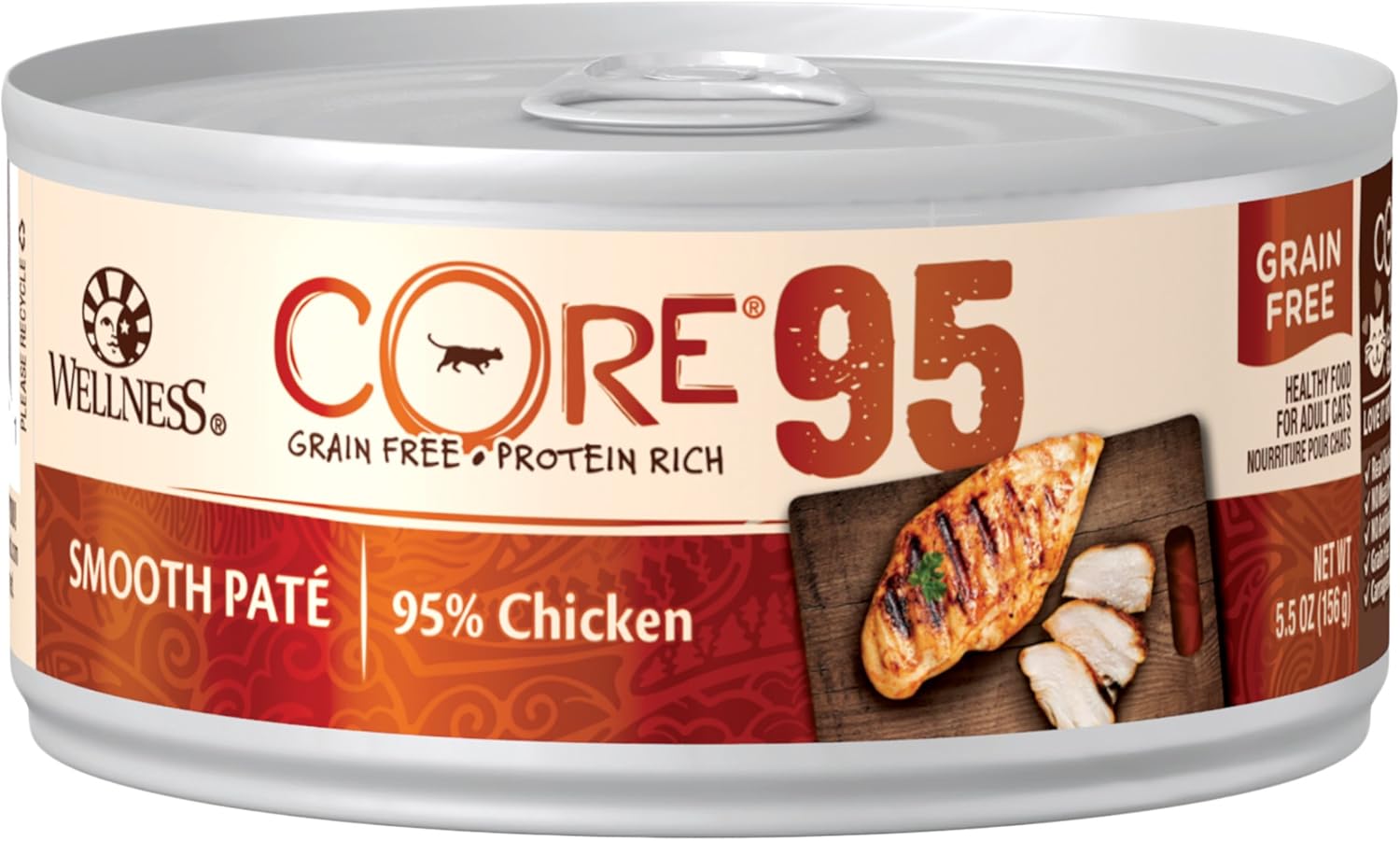 Wellness Core 95% Natural Grain Free Wet Canned Cat Food, Chicken, 5.5-Ounce Can (Pack Of 12)