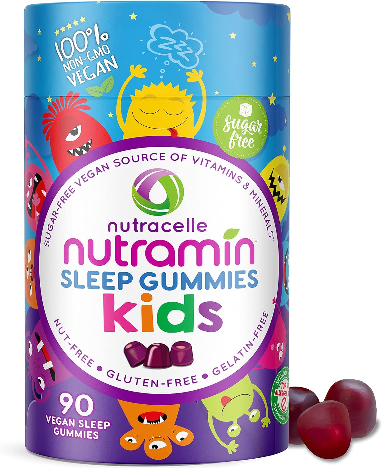 NUTRAMIN Kids Sleep Gummy - Sugar-Free & Vegan - 100% Natural Sleeping Aid with Melatonin Sleep Gummies for Kids - Hypoallergenic, Halal, Kosher, Non GMO - Dark Cherry - 90 Count