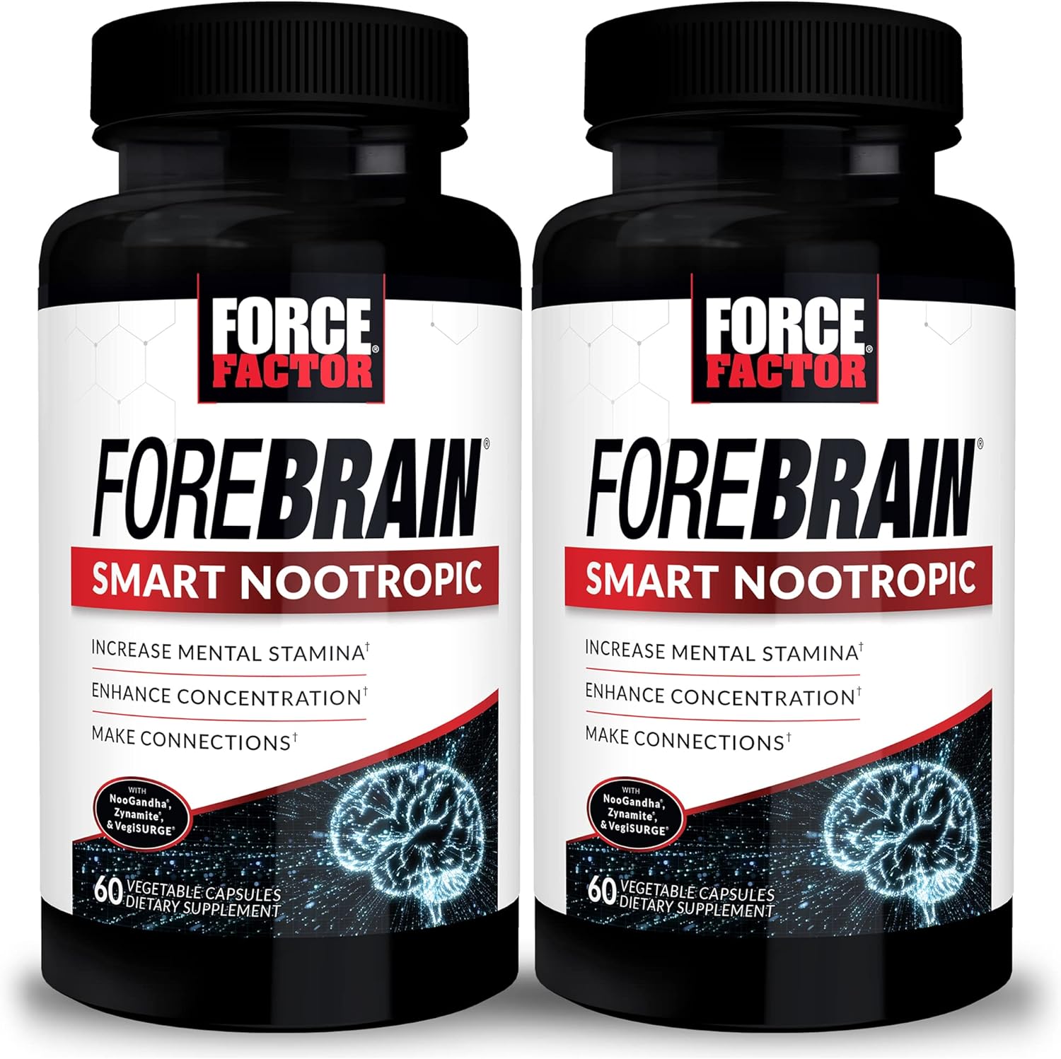 FORCE FACTOR Forebrain Smart Nootropic, 2-Pack, Brain Booster, Brain Supplement for Better Concentration, Focus, Decision-Making, and Mental Energy, Powerful Ingredients That Work Fast, 120 Capsules