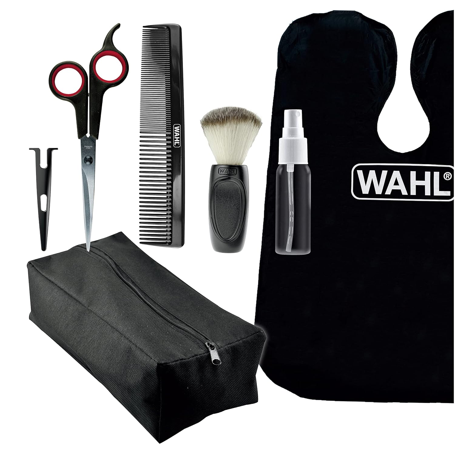 Wahl Home Haircutting Kit Essentials Featuring Barbers Haircutting Cape, Styling Comb, Scissors With Blade Guard, Neck Duster, Spray Bottle, & Soft Pouch Case – Model 03599