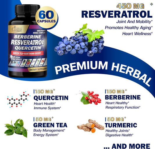 Organic Cadane Premium Resveratrol Supplement - Healthy Aging, Heart, Brain & Immune Support - 10In1 With Quercetin, Berberine, Green Tea, Turmeric, Black Pepper & More - 60 Capsules