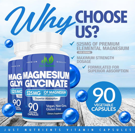 Magnesium Glycinate 525Mg - Over 500Mg Of Premium Elemental Magnesium Glycinate For Sleep, Immunity, Heart, Bones, Muscles, Digestion - Maximum Absorption, Non-Gmo - 90 Count