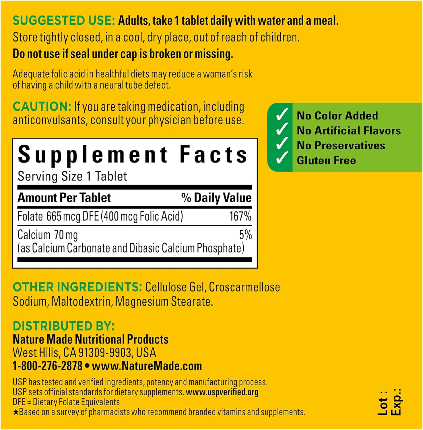 Nature Made Folic Acid 400 mcg (665 mcg DFE), Dietary Supplement for Nervous System Function, 250 Tablets, 250 Day Supply : Health & Household