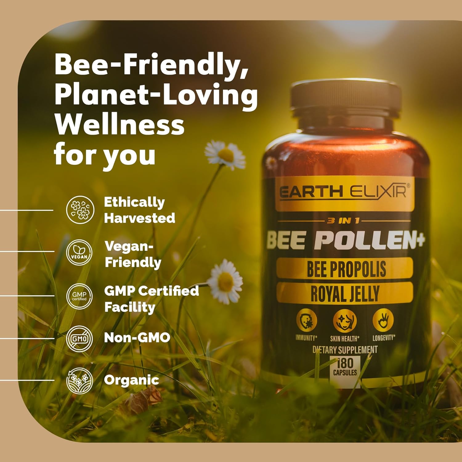 Earth Elixir 3-In-1 Organic Bee Pollen Capsule – Non-Gmo, Pure Raw Bee Pollen, Royal Jelly, Propolis Extract For Women & Men – Natural Energy, Immune & Vitality Support – 180 Propolis Capsules : Health & Household