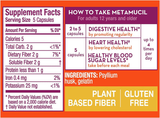 Metamucil SuperFiber Psyllium Capsules, Gluten Free and Sugar-Free, 200 Ct