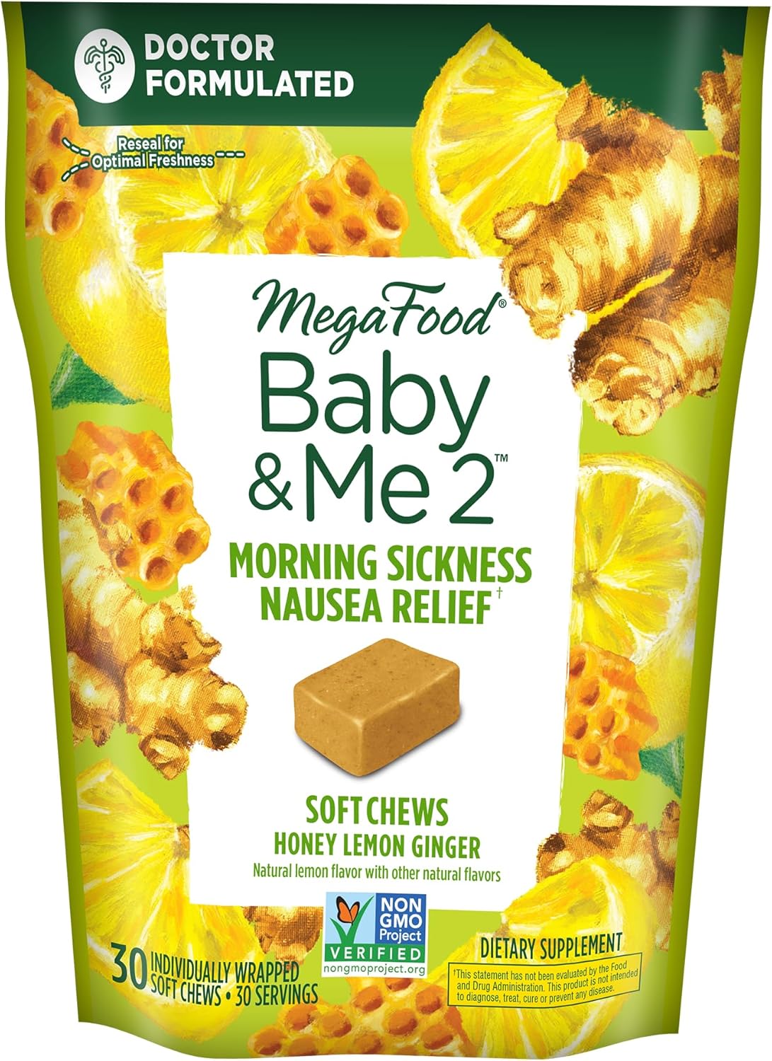 Megafood Baby & Me 2 Prenatal Morning Sickness Relief Soft Chews -With Real Ginger And Vitamin B6 - Vegetarian - Made Without 9 Food Allergens - Honey Lemon Ginger Flavor - 30 Chews