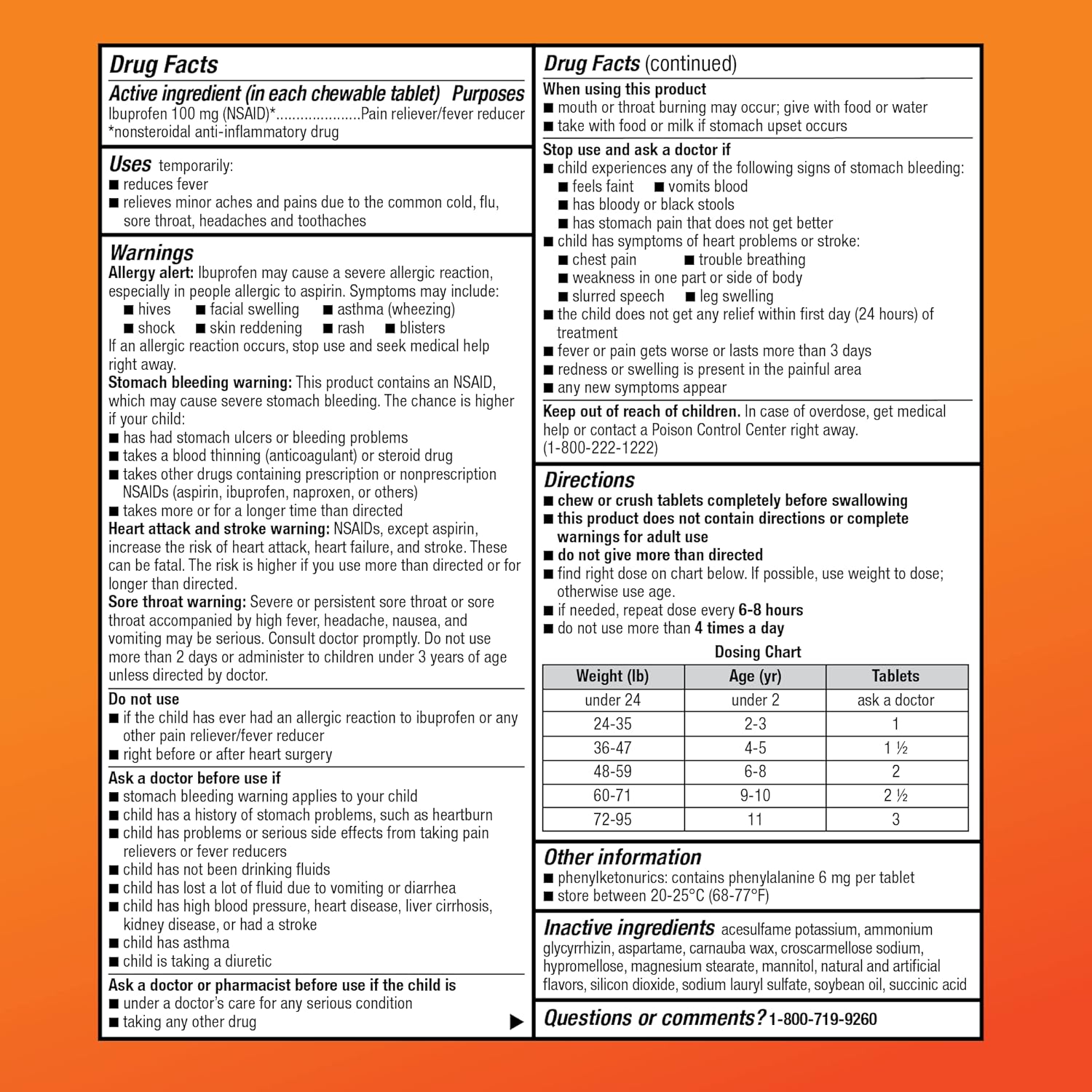 Care Children'S Ibuprofen Chewable Tablets, Pain Reliever And Fever Reducer, Orange Flavor, Ages 2-11, Lasts Up To 8 Hours, 100 Mg, 24 Count : Health & Household