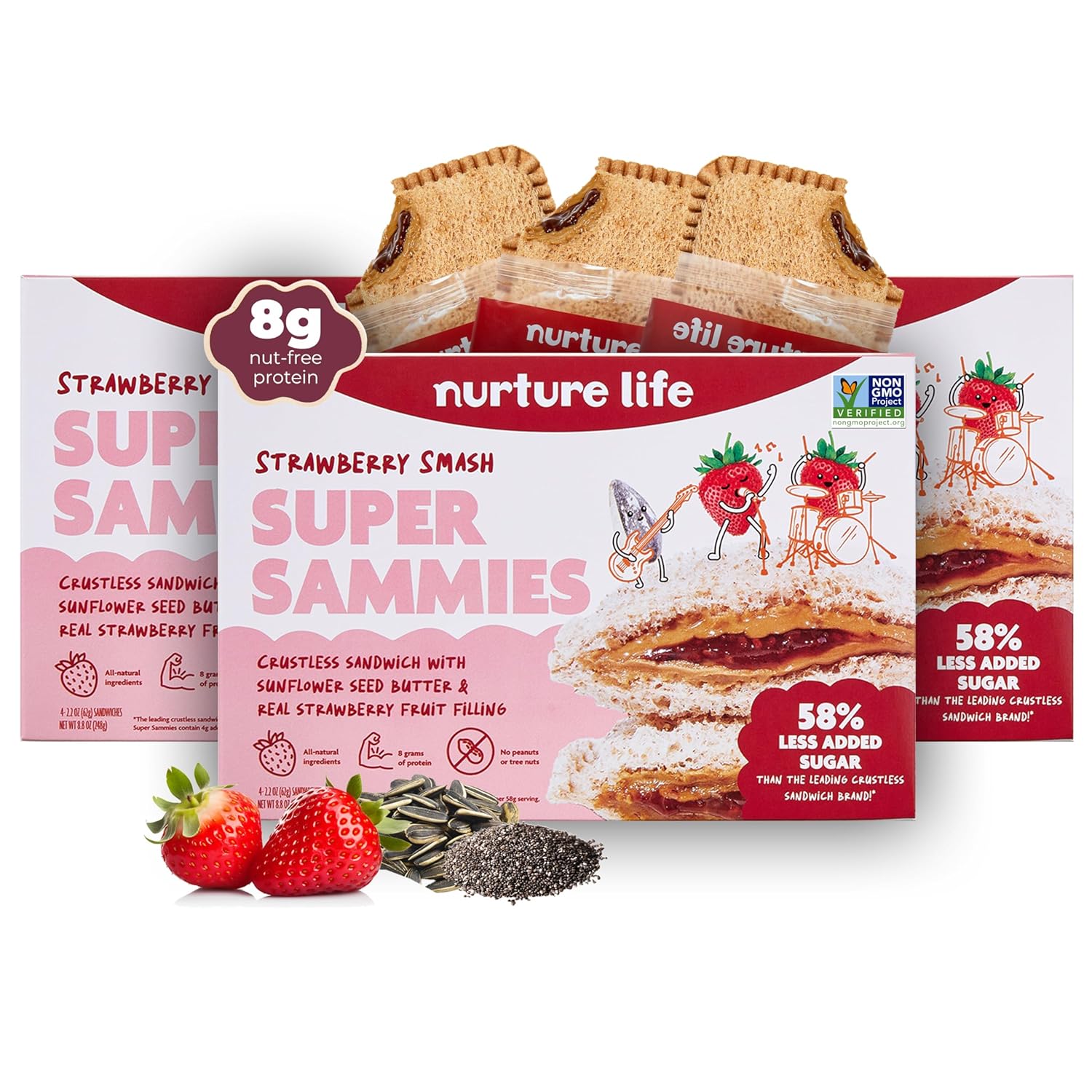 Nurture Life Crustless Sandwiches, Strawberry Smash Super Sammies, Healthy Toddler Snacks, Nut-Free, Allergen-Friendly, Non-Gmo, School Safe, Thaw & Eat, Organic Focus, Fresh Meals For Kids, 3 Pack