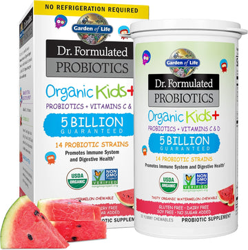 Garden Of Life Dr. Formulated Probiotics Organic Kids+ Plus Vitamin C & D - Watermelon - Gluten, Dairy & Soy Free Immune & Digestive Health Supplement, No Added Sugar, 30 Chewables (Shelf Stable)