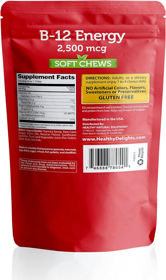 Healthy Delights Naturals, B-12 Energy Soft Chews, Promotes Energy Production, Supports Cognitive Health, Delicious Strawberry Burst Flavor, 30 Count