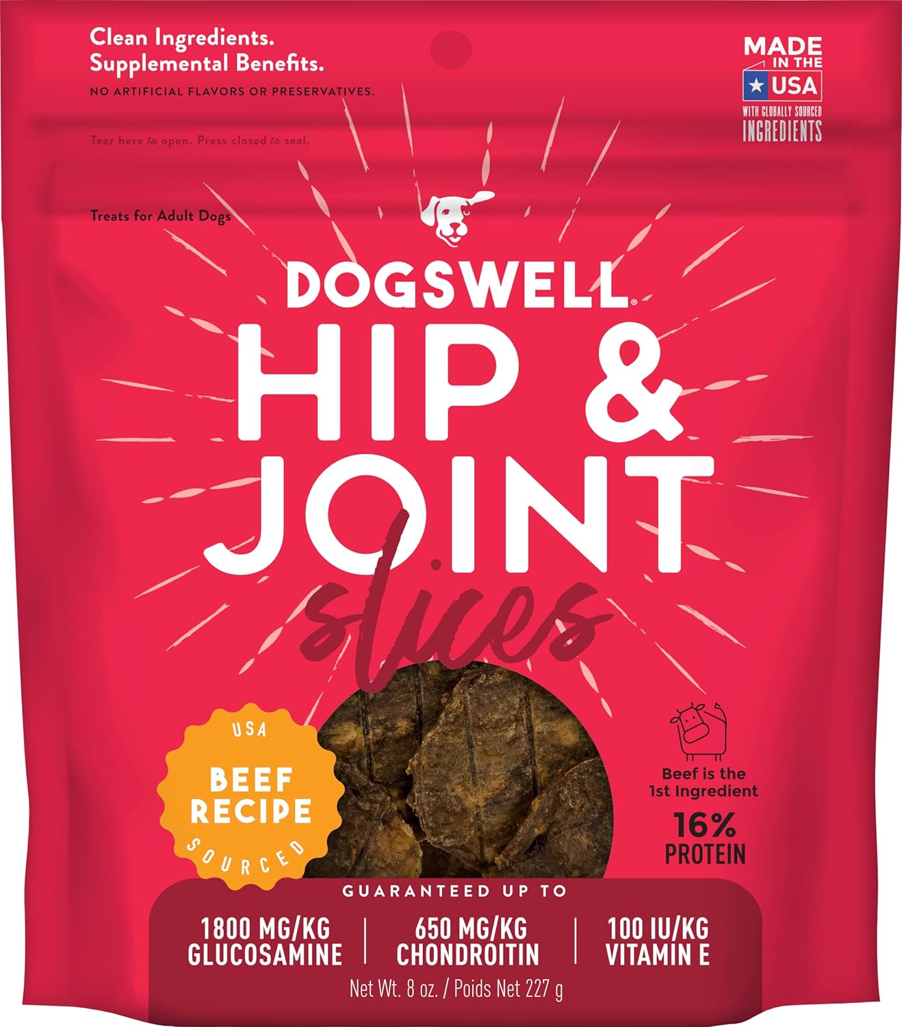 DOGSWELL Hip & Joint Slices Functional Dog Treats, Beef 8 oz. Bag