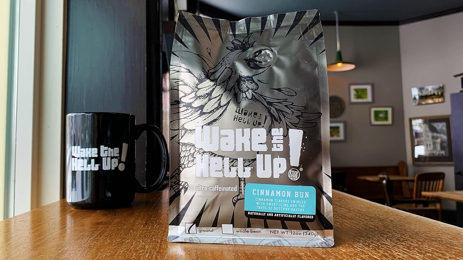 Wake The Hell Up! 12Oz Ultra-Caffeinated Cinnamon Bun Ground Coffee, Low Acid, Medium-Dark Roast