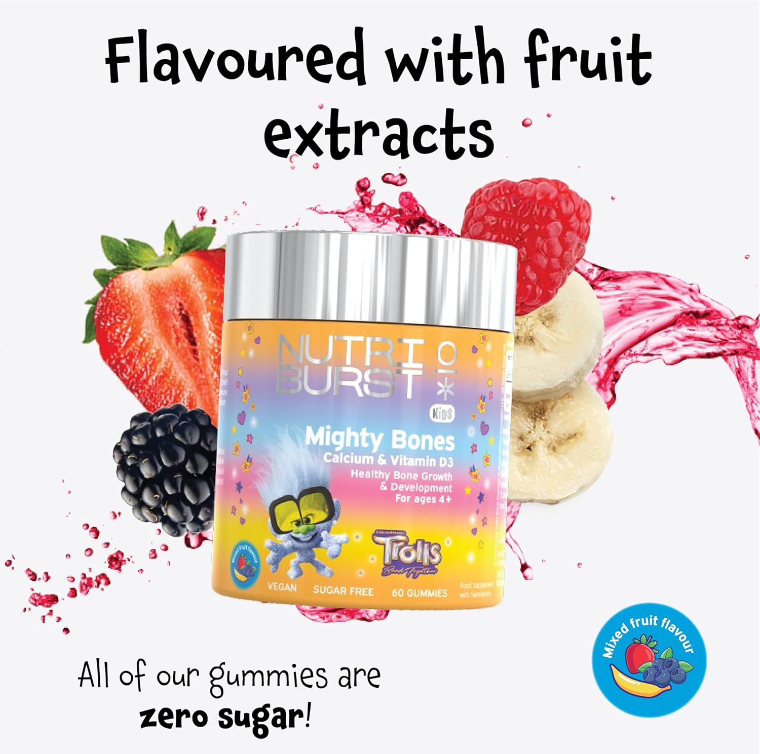 Nutriburst Trolls Kids Mighty Bones - Vitamin D3 + Calcium Chewable Vitamin - Healthy Bone Development - Vitamin D3 (25µg) + Calcium (240mg) - Vegan + Sugar Free - Strawberry Flavour - 60 Gummies : Amazon.co.uk: Health & Personal Care