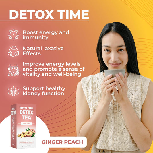 Total Tea Siimming Detox Tea Caffeine Free - 25 Day Detox Tea - Herbal Siim Tea With Chamomile, Hibiscus Tea & Ginger Root For Colon Cleanse – Natural Herbal Ginger & Peach Tea For Digestive Health