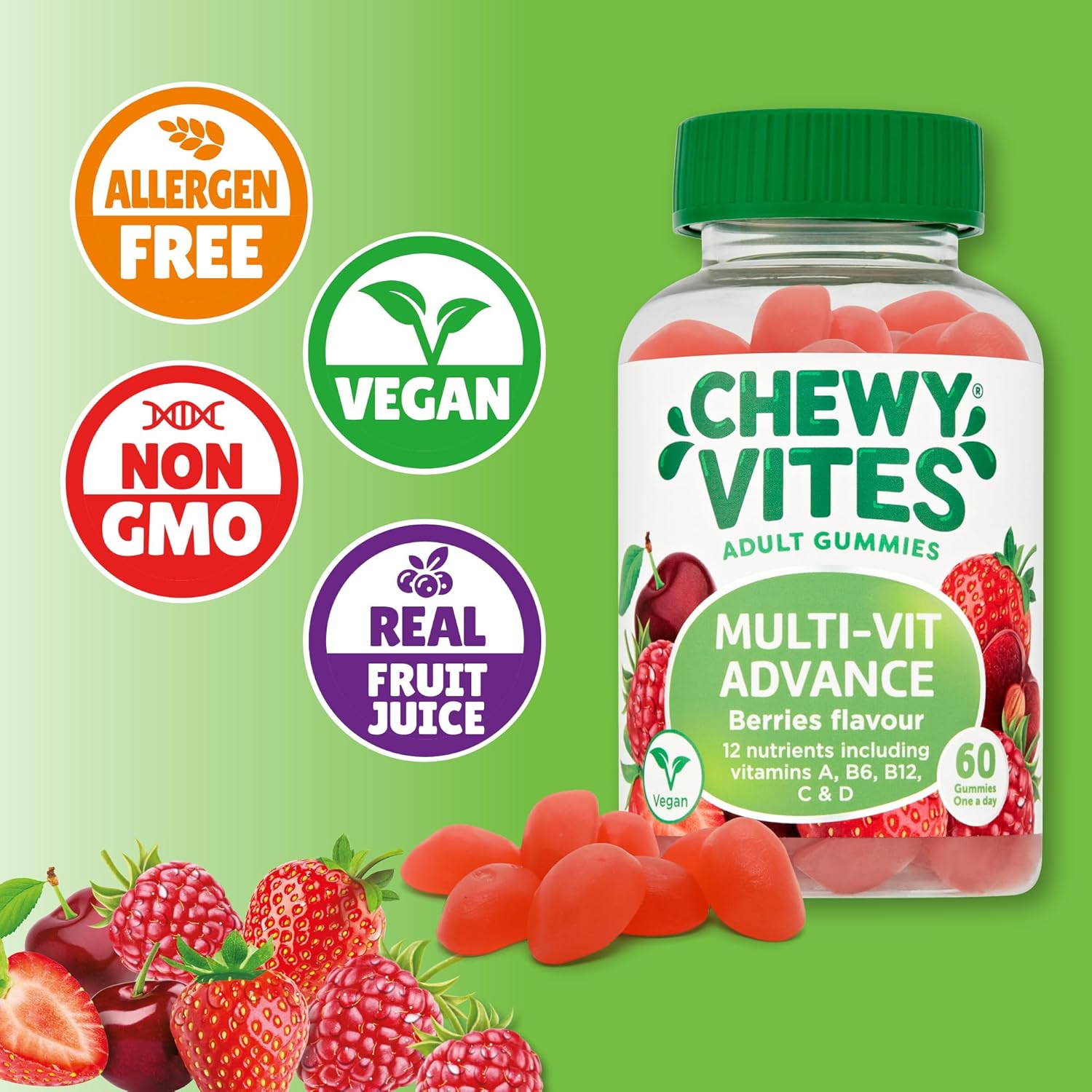 Chewy Vites Adult Multivitamin Advance, 60 Multivitamin Gummies, 12 Essential Nutrients, 2 Months Supply, Real Fruit Juice, Vegan, Berries Flavour : Amazon.co.uk: Health & Personal Care