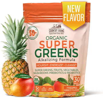 Country Farms Super Greens Pineapple-Mango Flavor, 50 Organic Super Foods, Usda Organic Drink Mix (Wheat Grass, Spirulina, Chlorella) Mushrooms & Probiotics, Natural Energy, 30 Servings