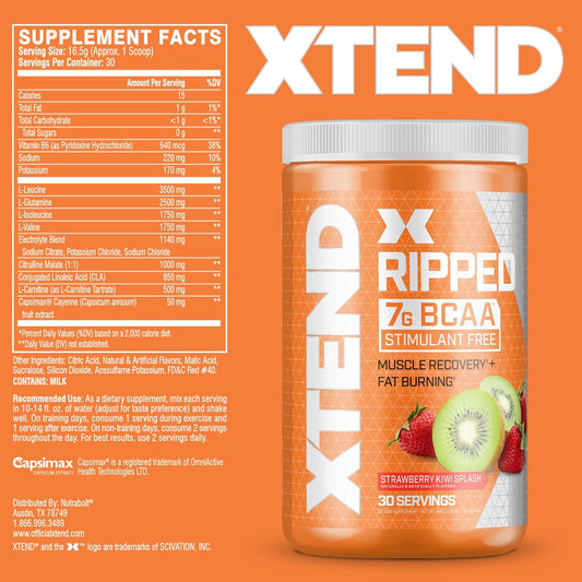 Xtend Ripped Bcaa Powder Strawberry Kiwi | Cutting Formula + Sugar Free Post Workout Muscle Recovery Drink With Amino Acids | 7G Bcaas For Men & Women | 30 Servings