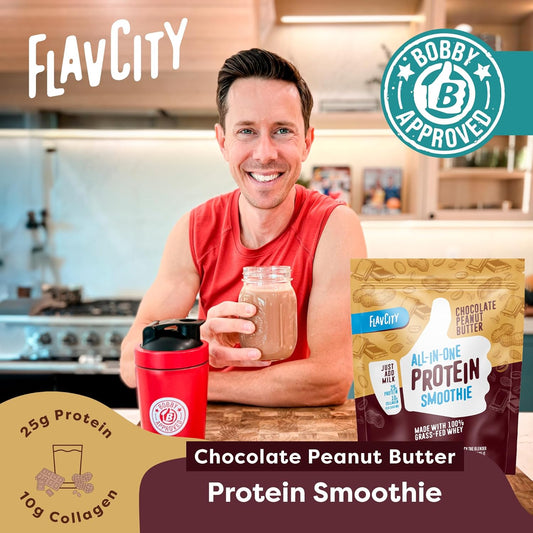 Flavcity Protein Powder Smoothie, Chocolate Peanut Butter - 100% Grass-Fed Whey Protein Smoothie With Collagen (25G Of Protein) - Gluten Free & No Added Sugars (37.74 Oz)