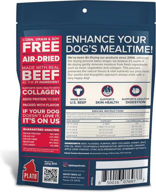 Plato Pet Treats Air Dried Dog Food Topper, Beef And Collagen Recipe, Superfood, Grain Free, Made In The Usa, 5.5Oz