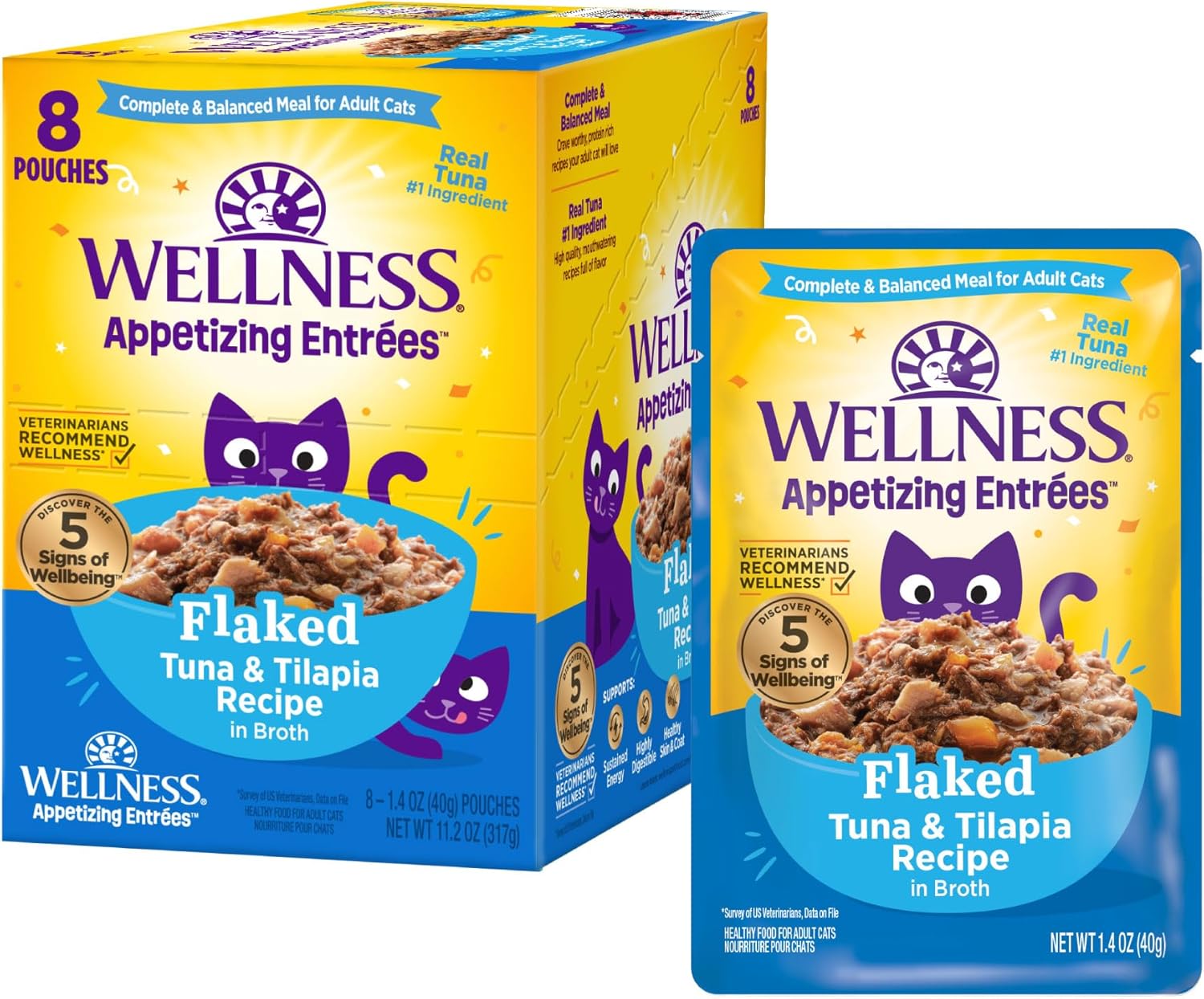 Wellness® Appetizing Entrées™ Flaked Tuna & Tilapia Recipe In Broth Natural Wet Cat Food, 1.4 Oz Pouch (Pack Of 8)