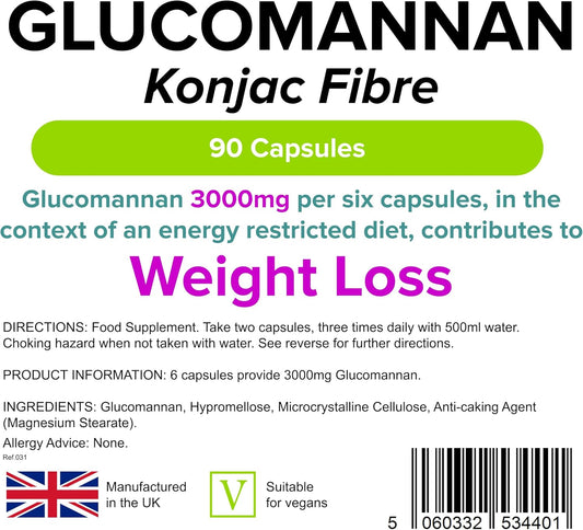 Lindens Glucomannan (Konjac Fibre) Capsules - 3,000Mg Per Serving - 90 Pack - Weight Loss Aid - Contributes Towards The Reduction Of Appetite - Weight Loss Supplement - Letterbox Friendly