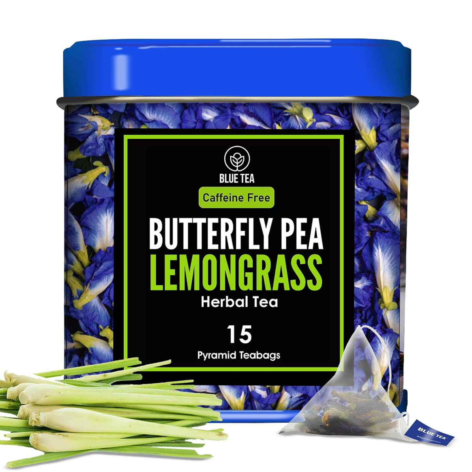 Blue Tea - Blue Flower Lemongrass Tea Bags -15 Pyramid Tb || Super Anti-Oxidant || Caffeine Free Herbal Tea | Gluten Free - Non-Toxic - Vegan | Eco-Friendly Tin Pack |