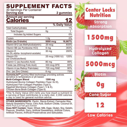 Sugar-Free Hydrolyzed Collagen Peptide Filled Gummies,Extra Strength 1500Mg Protein Type I,Ii,Iii,V,X With 5000Mcg Biotin Vitamin C A E D3 B6 B12 For Immune Digestion Skin Hair Nails Energy Bone Joint
