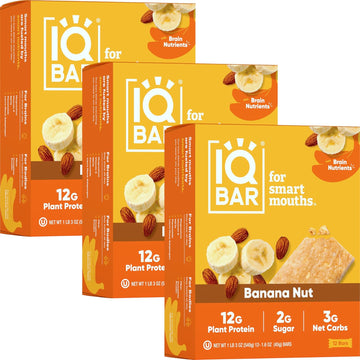 Iqbar Brain And Body Plant Protein Bars - Banana Nut - 36 Count, Low Carb, High Fiber, Gluten Free, Vegan Snacks - Low Sugar Keto Energy Bar Pack