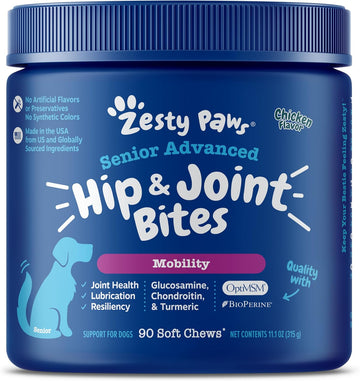 Zesty Paws Mobility Bites Joint Supplement For Dogs - Hip And Joint Chews For Dogs - Glucosamine For Dogs, Chondroitin, & Msm + Vitamins C And E For Dog Joint Relief - Adv Chicken - 90 Count