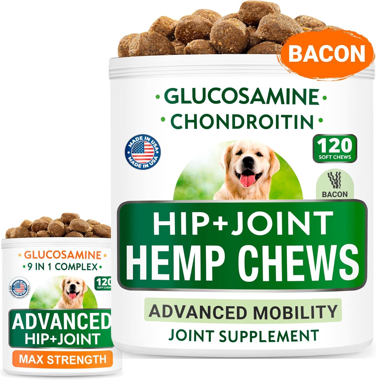 Hemp + Glucosamine Dog Treats Bundle - Natural Joint Pain Relief + Senior Advanced Joint Health - Chondroitin, Msm, Hemp Oil + Omega 3 - Old Dog Hip & Joint Care - 120 + 120 Chews - Made In Usa