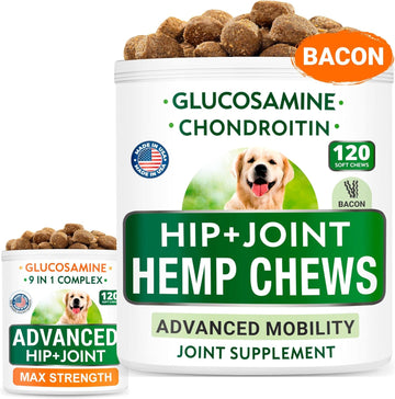 Hemp + Glucosamine Dog Treats Bundle - Natural Joint Pain Relief + Senior Advanced Joint Health - Chondroitin, Msm, Hemp Oil + Omega 3 - Old Dog Hip & Joint Care - 120 + 120 Chews - Made In Usa