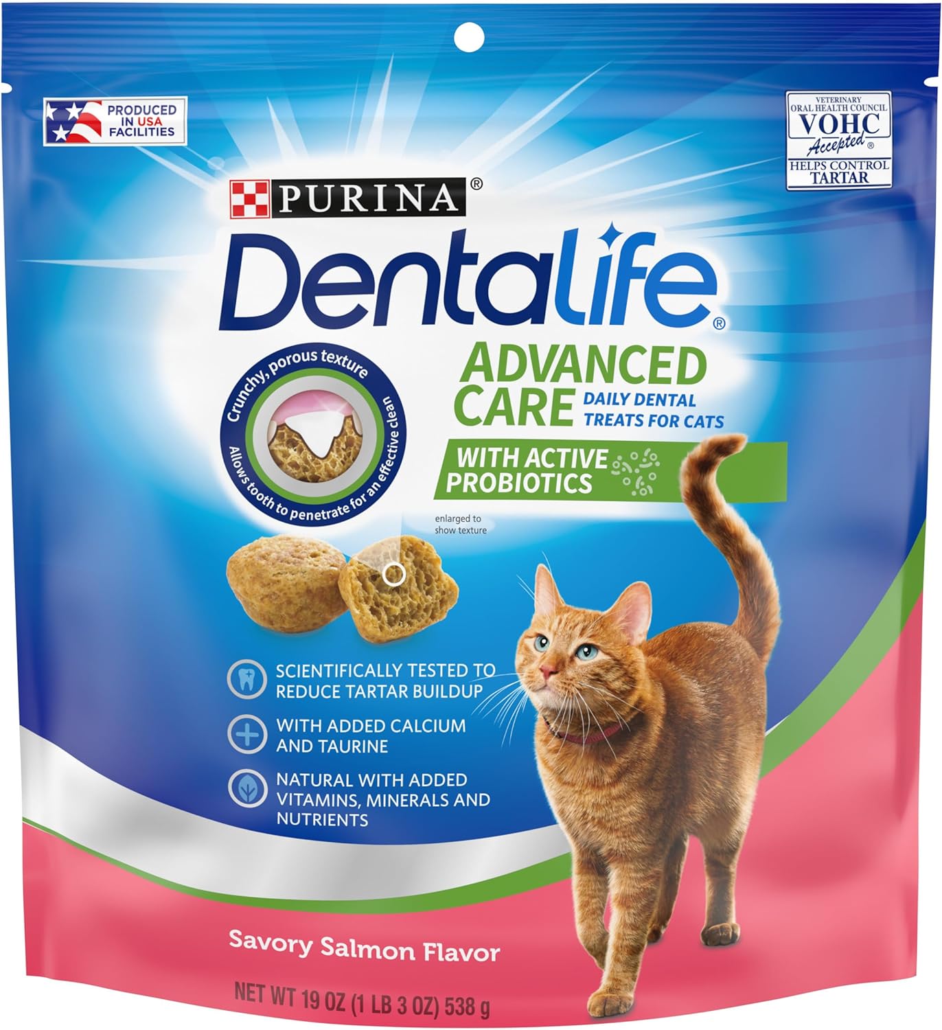 Purina DentaLife Made in USA Facilities Cat Dental Treats, Savory Salmon Flavor - 19 oz. Bag