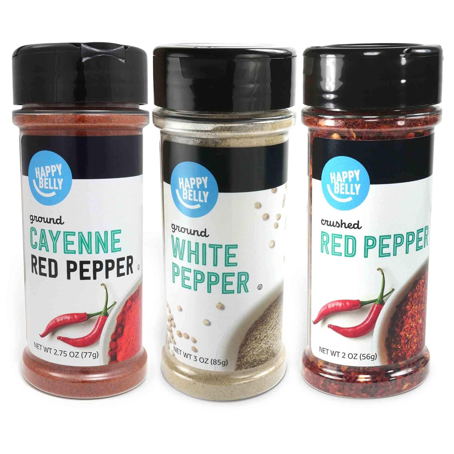 Amazon Brand - Happy Belly Pepper Variety Pack (Cayenne, White, Red Pepper), 3 Piece Set