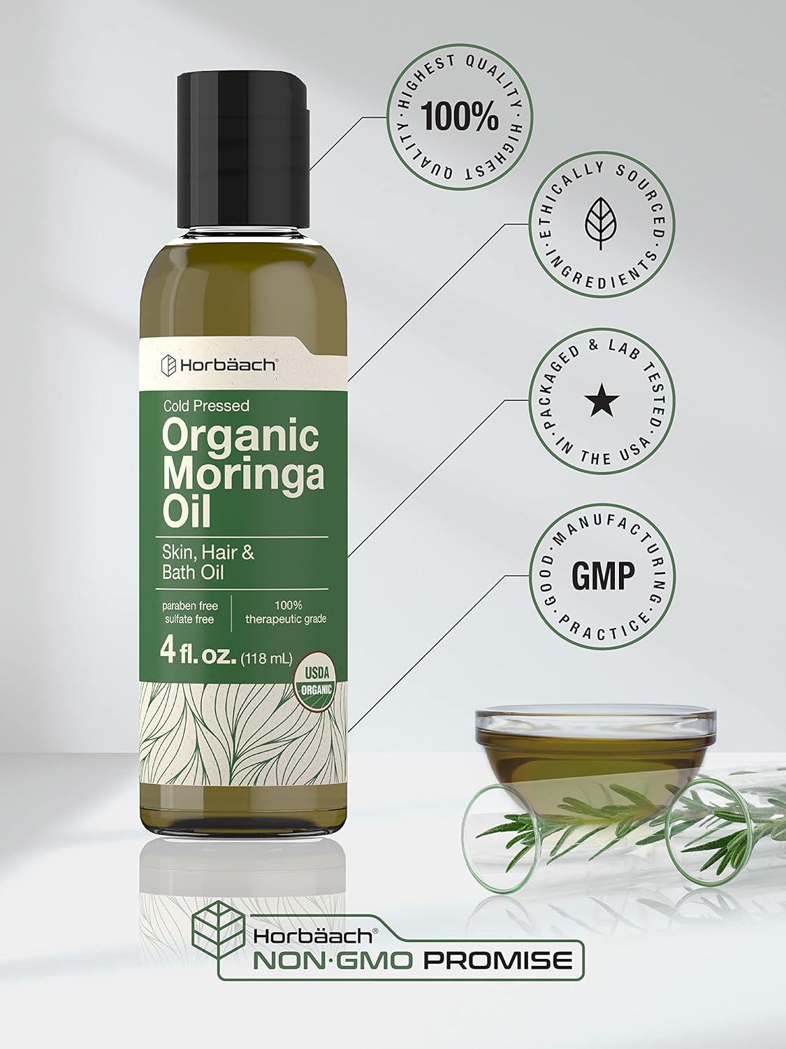 Horbäach Organic Moringa Oil | 4 fl oz | for Face, Hair, and Skin | 100% Therapeutic Grade | Paraben and Sulfate Free, Non-GMO : Beauty & Personal Care